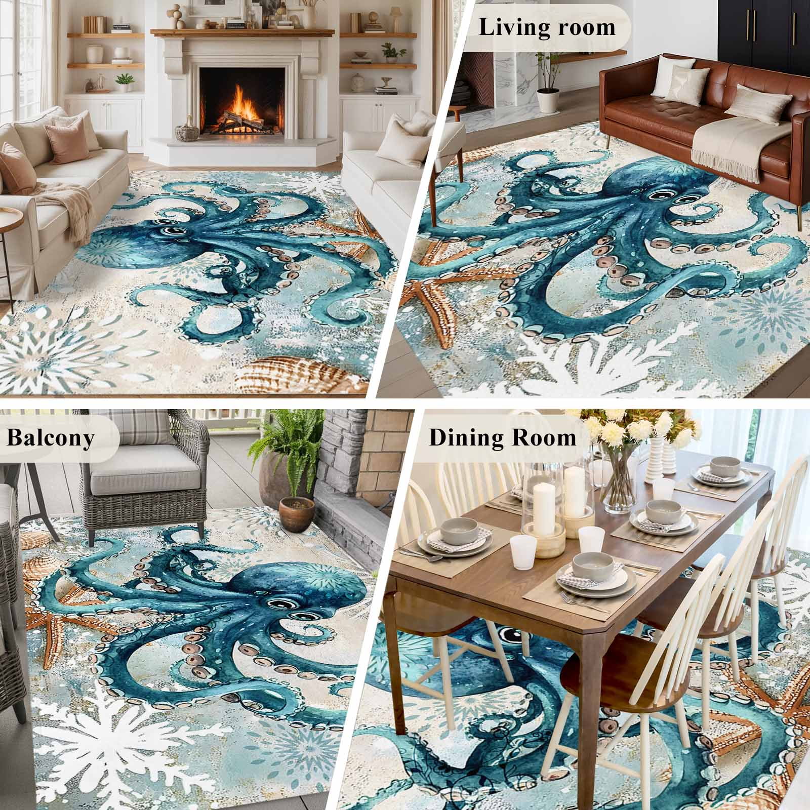 Teal Octopus Coastal Area Rugs 8x10 for Living Room, Summer Beach Vintage Nautical Non Slip Washable Rug Runner, Low Pile Indoor Floor Carpet Mat Bathroom Rugs for Bedroom, Kids Room