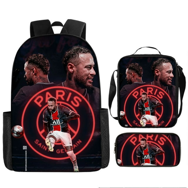 Conjunto de mochila infantil de 3 piezas con diseños de jugadores de fútbol para el colegio.