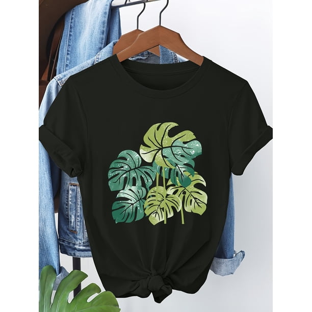 Women's I Love Plants Series Monstera Leaf Graphic Print T-Shirt - 100% Cotton Short Sleeve Round Neck Casual Tee, Black with Green Tropical Design, Regular Fit for Spring Summer Fall, Machine Washab