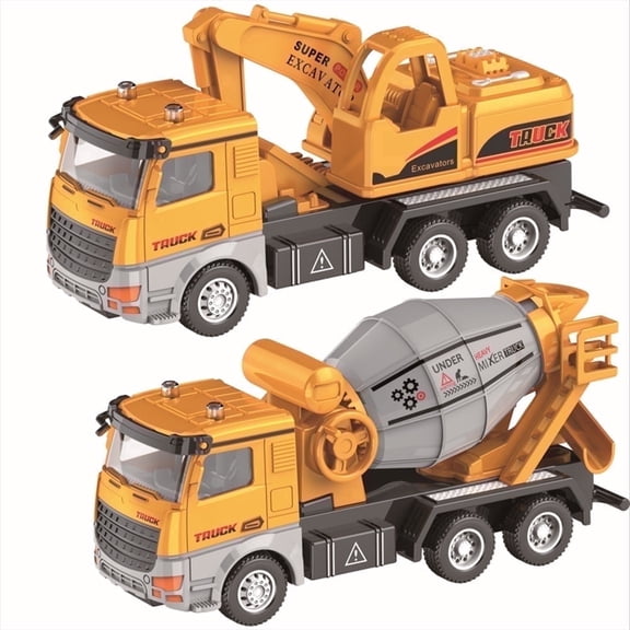Ficcug 2 Pack Friction Powered Excavator Toys & Cement Mixer Trucks,Pull Back Construction Vehicle Toy Cars for Boys Girls Kids Toddlers Ages 3-6