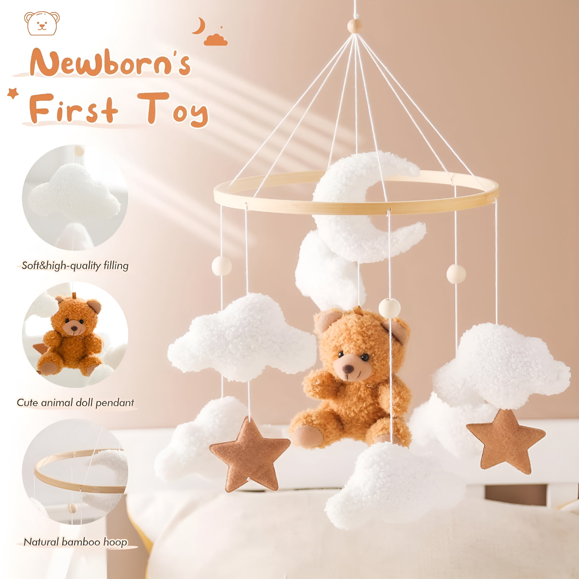 BESTSKY Baby Mobile for Crib Bear Cloud Crib Mobile Handmade Furry Nursery Mobile Gender Neutral Crib Toy Hanging for Nursery Decor Accessories
