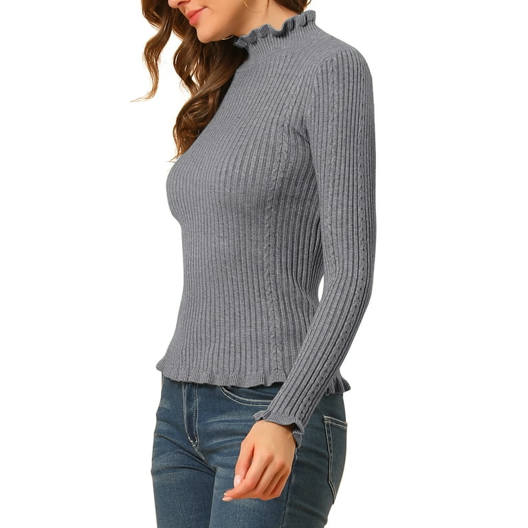 Unique Bargains Women's Classic-fit Long Sleeves Ruffle Mock Neck Sweater  Gray XS