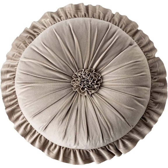 NAMZI Round Throw Pillow with Ruffles, Pumkin Pleated Velvet Chair Cushion 3D Floral Decorative Floor Pillow for Sofa Bedroom Office Car (Grey,Diameter 14")