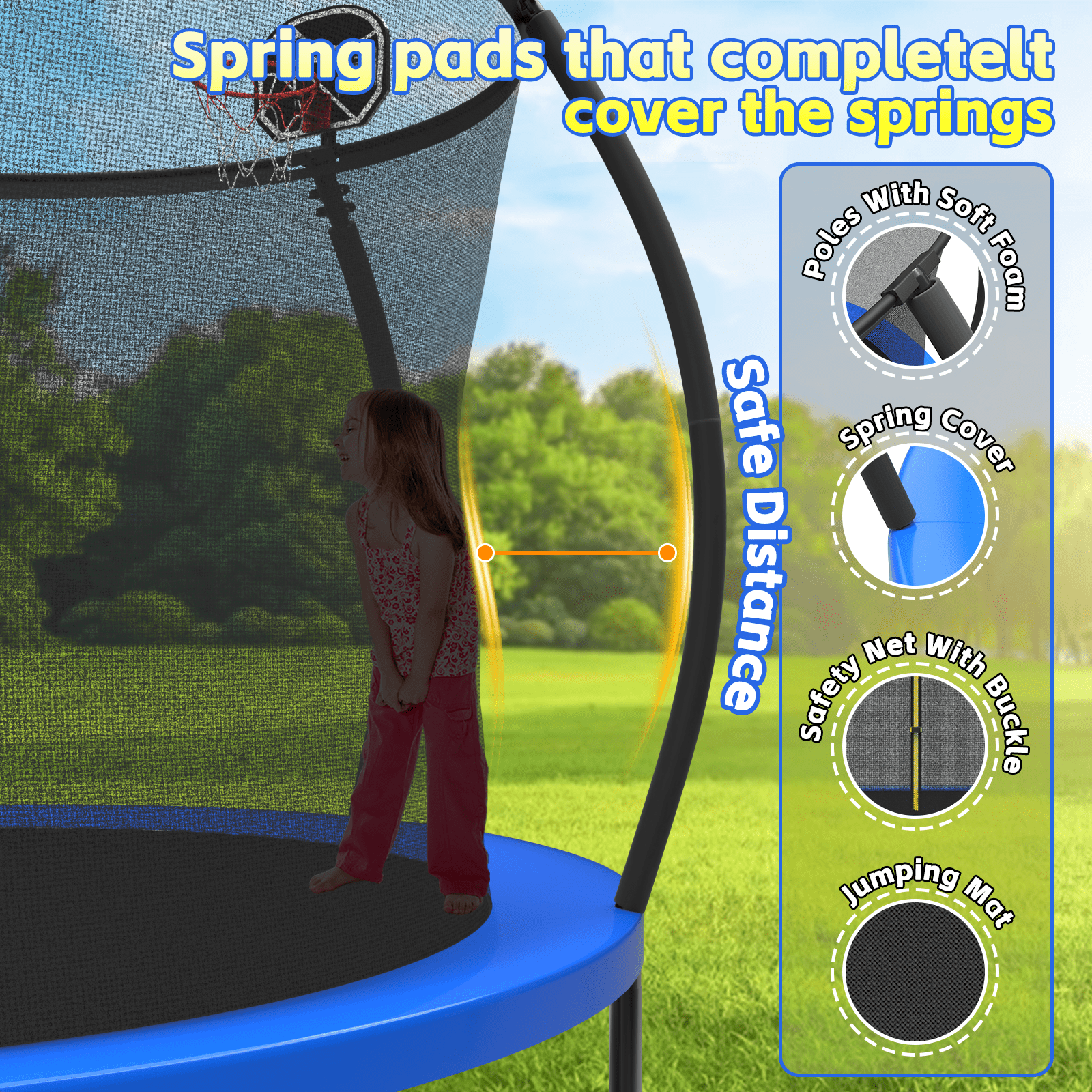 Mersco 10FT Heavy Duty Trampoline with Enclosure Net ,Swing Set Outdoor Big Trampoline for Backyard, Kids Trampoline with Basketball Hoop,Kids Birthday and Festival Gifts,Blue
