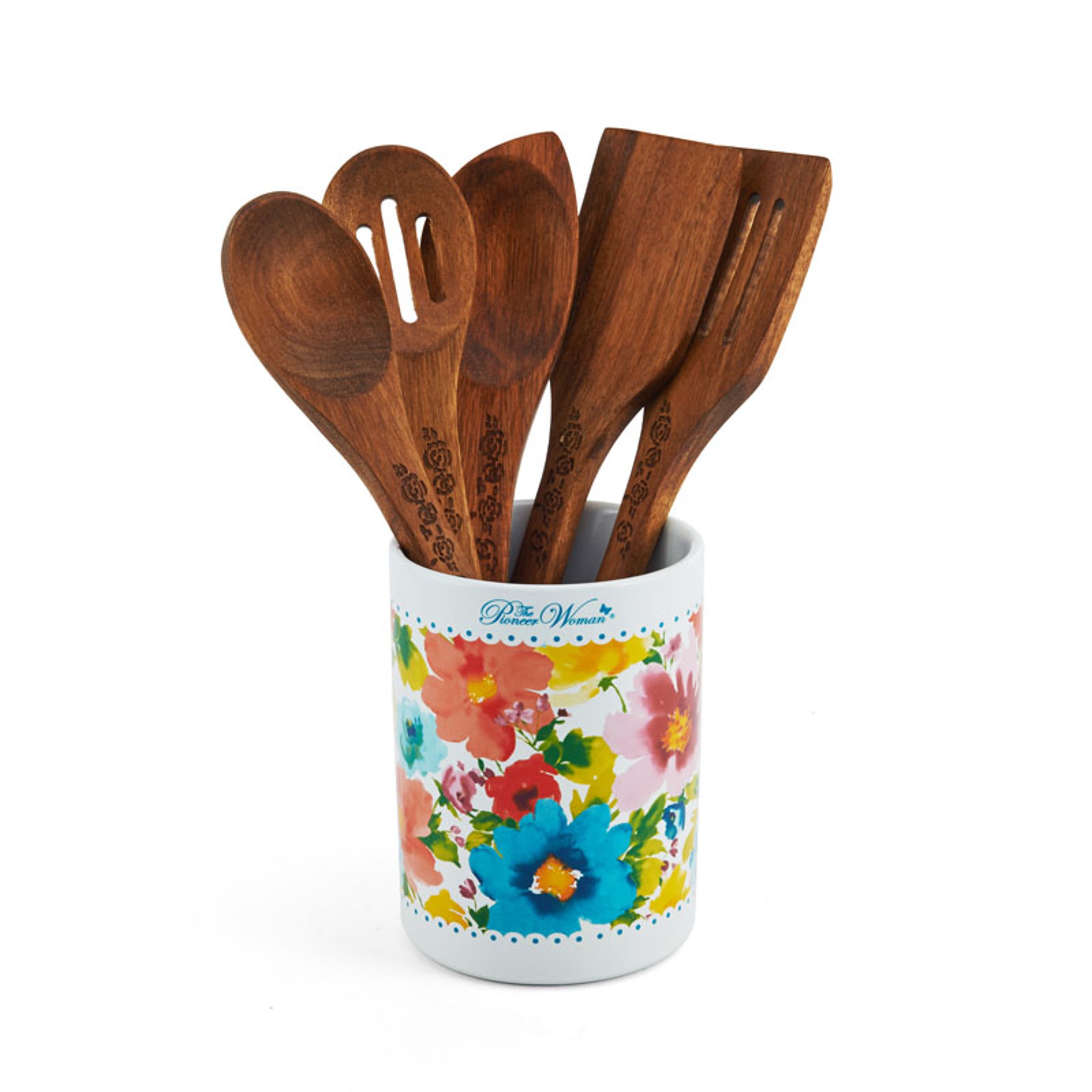 NEW THE PIONEER WOMAN VINTAGE FLORAL UTENSIL CROCK WITH 6 PIECES WOOD TOOLS 