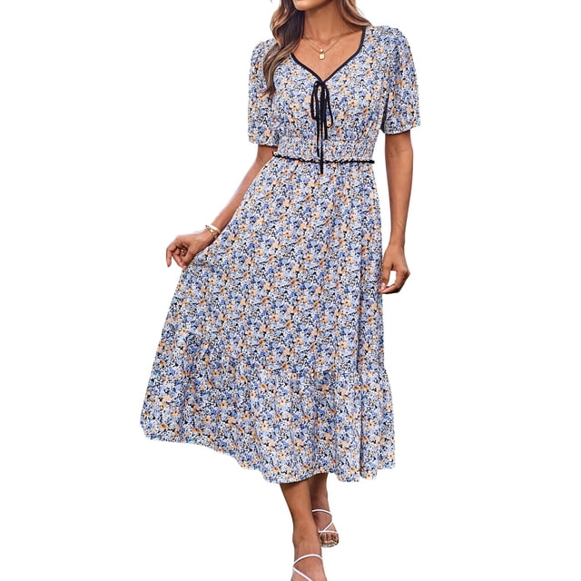 Vestido floral de verano Grace Karin a media pierna fruncida de manga corta