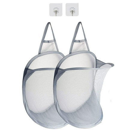 

2PC Mesh Laundry Baskets Collapsible Self Adhesive Clothes Organizer Folding Net Clothes Basket With Hooks For Travel Grey