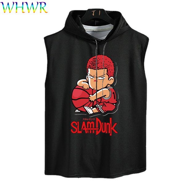 Camiseta con capucha de Slam Dunk para hombre, camisetas sin mangas informales de Anime, camisetas de algodón de gran tamaño, chaleco sin mangas, ropa deportiva de Hip Hop, Sakuragi, Verano