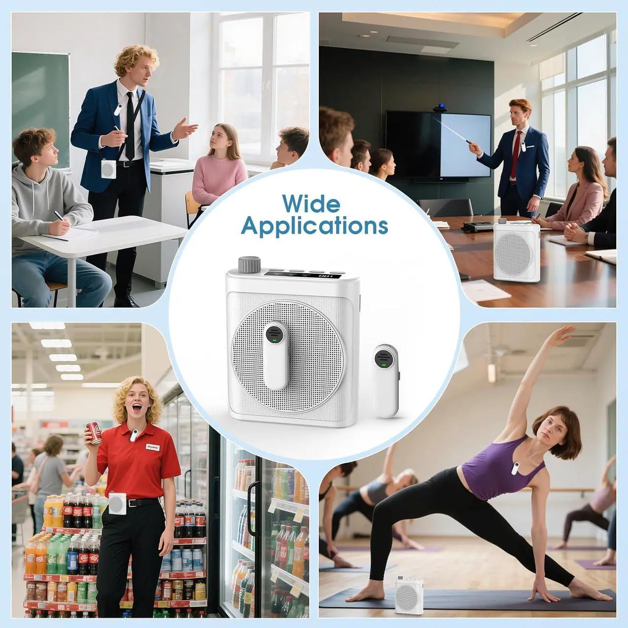 15W Wireless Voice Amplifier with 2 Magnetic Lavalier Mics & Noise Reduction - Bluetooth 5.3 PA System for Teachers, Tour Guide, Yoga - 15H Rechargeable Battery, Waist-Mount Design (White) Black