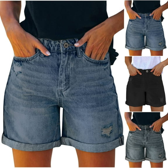 ZyeKqe Denim Shorts for Women High Waisted Jean Shorts Roll up Hem Ripped Wide Leg Summer Shorts