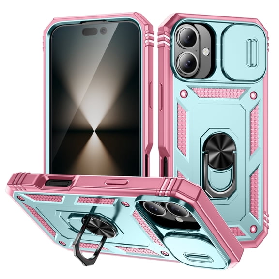 Military Grade Drop Impact for iPhone 16 Camera Lens Slide Protection Case 360 Metal Rotating Ring Kickstand Holder Armor Shockproof Case For iPhone 16, Pink Green