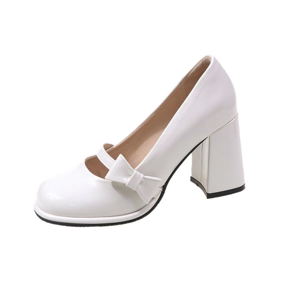 Xfvqtps Ladys Mary Jane High-Heeled Shoes Bowknot Chunky Heel Round Toe Princess Grace Patent Leather Shoes Heel High 6CM White