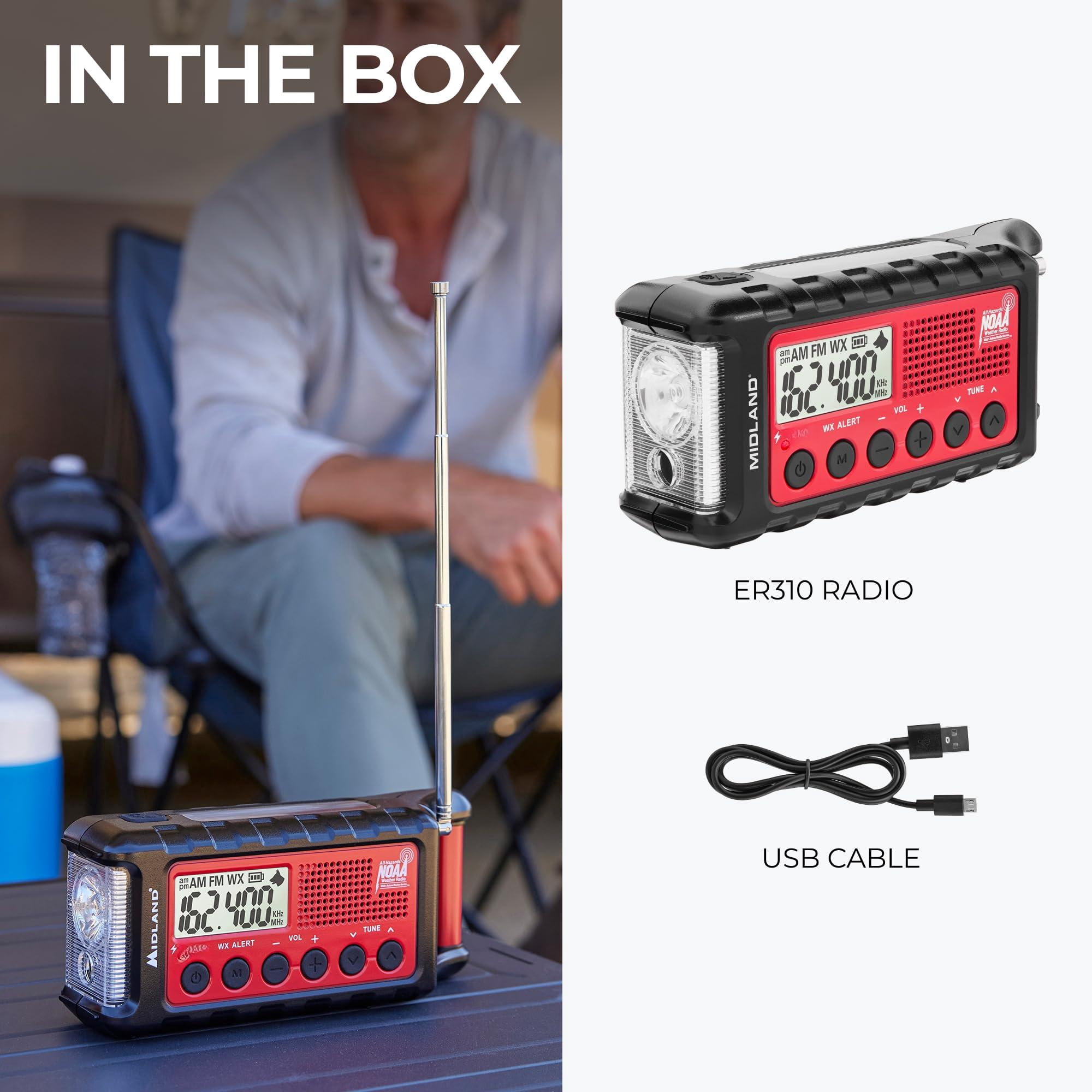 - Er310  Emergency Crank Weather Am/fm Radio Multiple Power Sources Sos Flashlight Ultrasonic Dog Whistle & Noaa Scan + Alert (red/black)