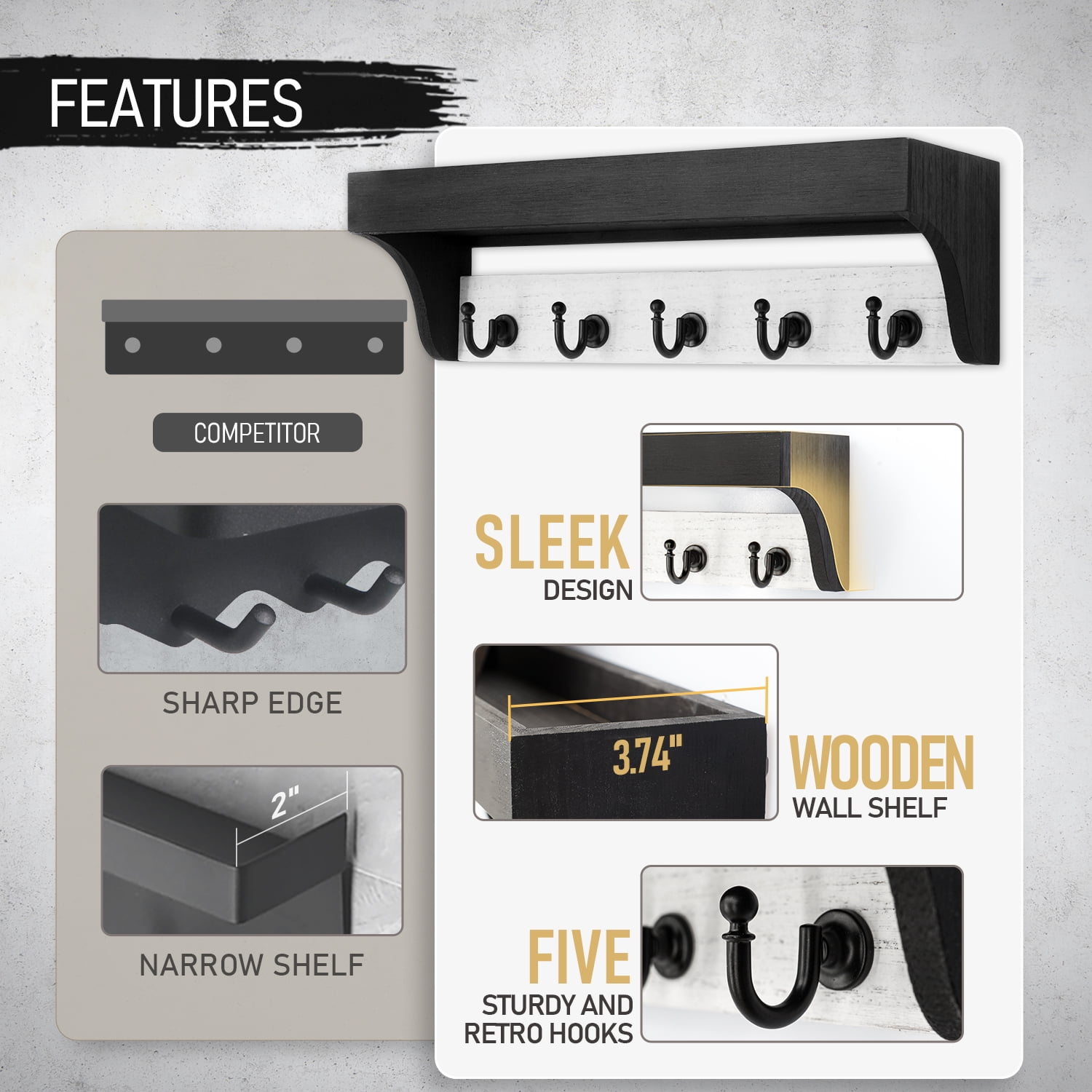 Rebee Vision Decorative Key Holder Wall Mount with Shelf - Modern Key and Mail Organizer with 5 Keys Hooks (Black & White)
