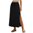 thumbnail image 2 of Maxi Skirt With Tiered Hem Satin Skirt Ladies Fashion Women Solid Color Elastic Waist Drawstring Ladies Long Skirts Black L, 2 of 6