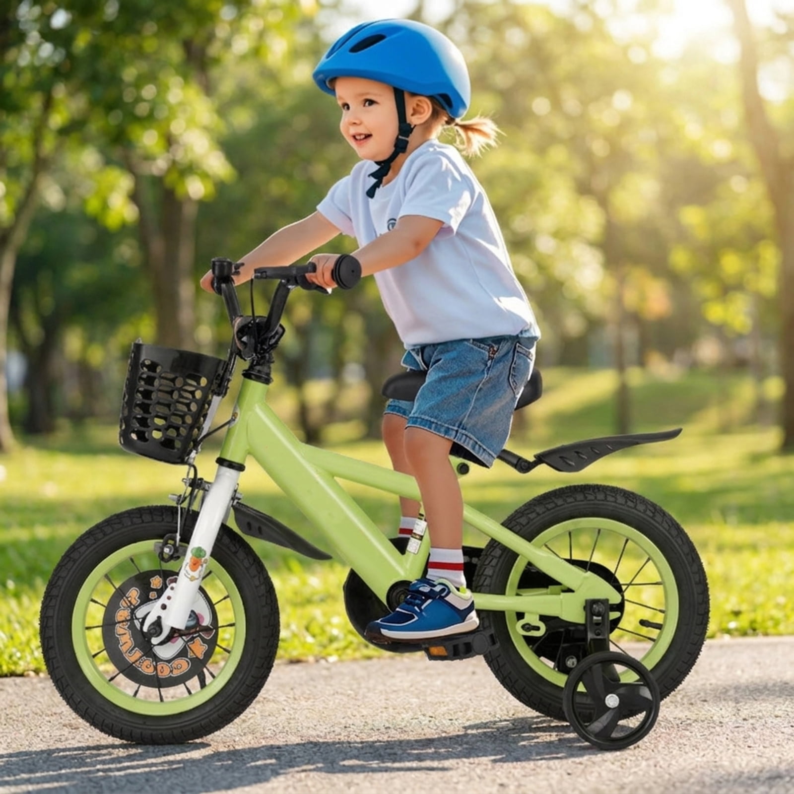 Redsmile Kids Bike 12 Inch with Detachable Training Wheels for 3-4 Years Old Boys Girls, Adjustable Kids Bicycle with Storage Basket, Handbrake and Coaster Brake, 12" Toddler Bike, Green