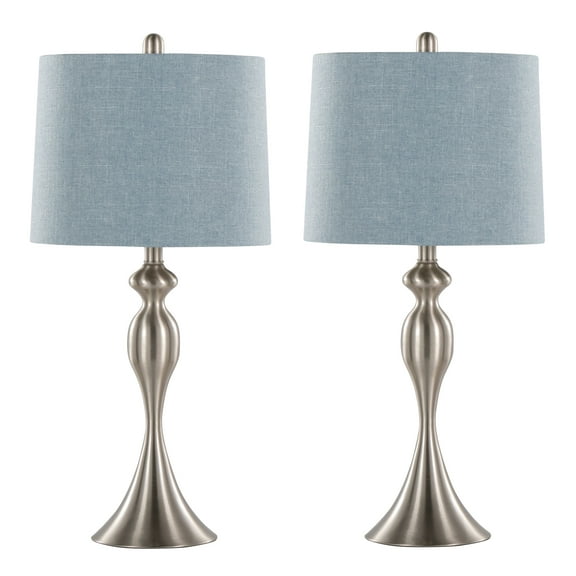 Noaman Ashland 27" Contemporary Metal Table Lamp Set of 2, Brushed Nickel with Light Blue Linen Shade, 3-Way Rotary Switch, Requires 100W Bulbs (Not Included)