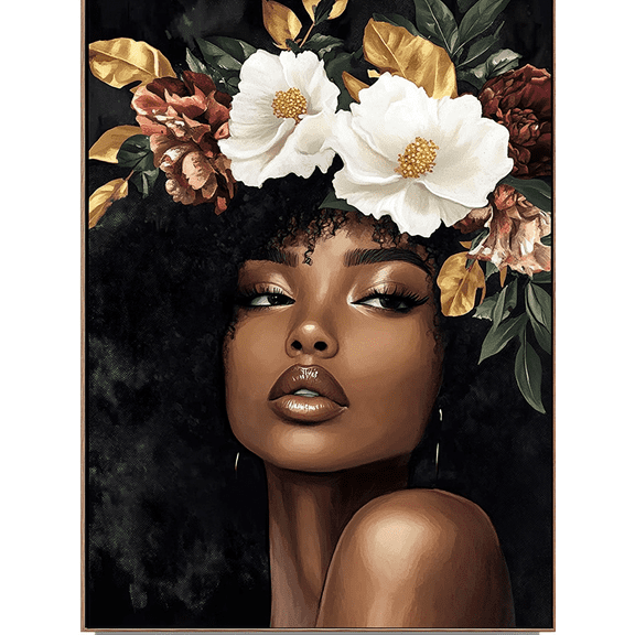 Black Woman Floral Canvas Wall Art,Perfect for Living Room, Bedroom, Bathroom, Office, and Dining Room Decoration.