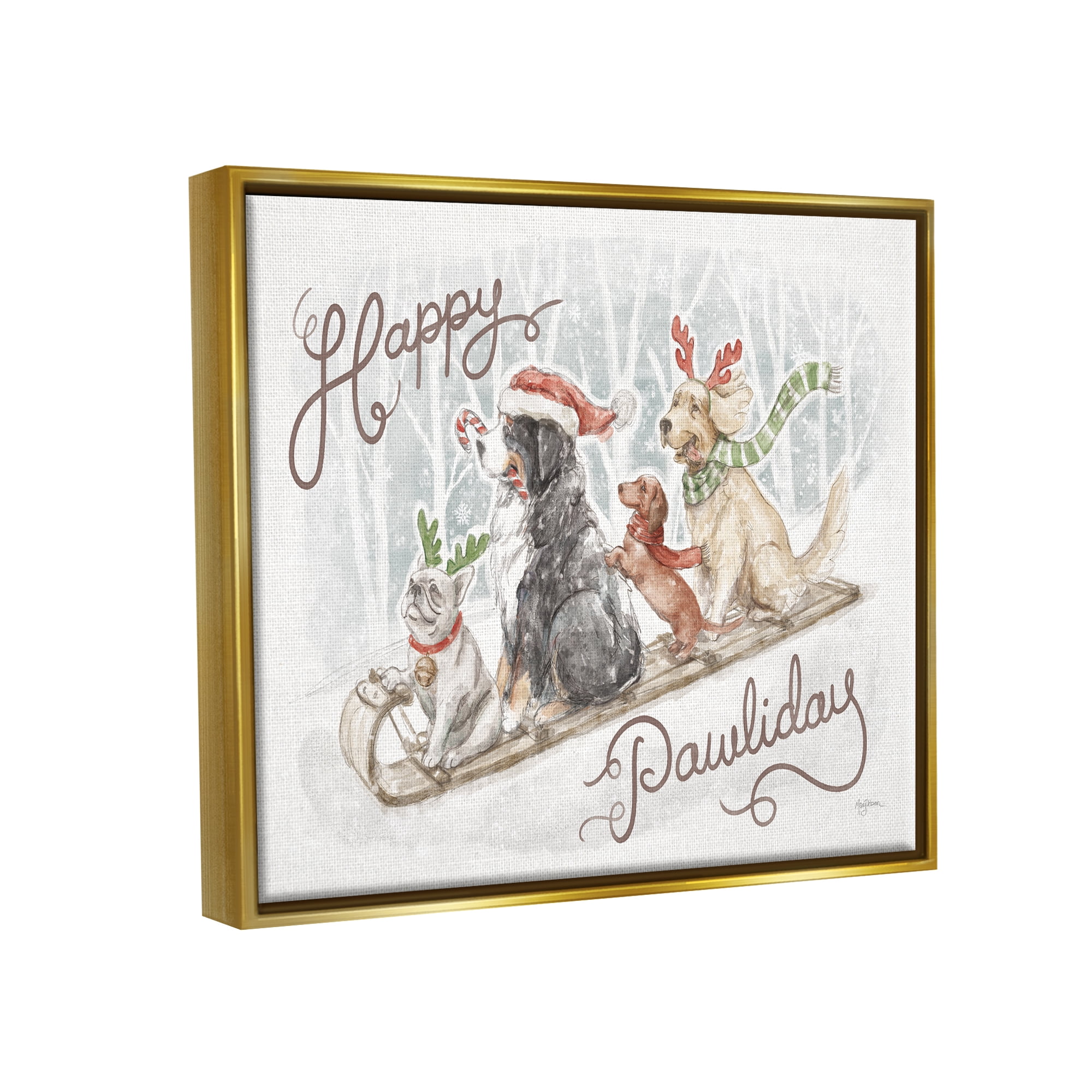 Stupell Industries Happy Pawliday Dogs Holiday Painting Gold Floater Framed Canvas Art Print Wall Art, 21 x 17