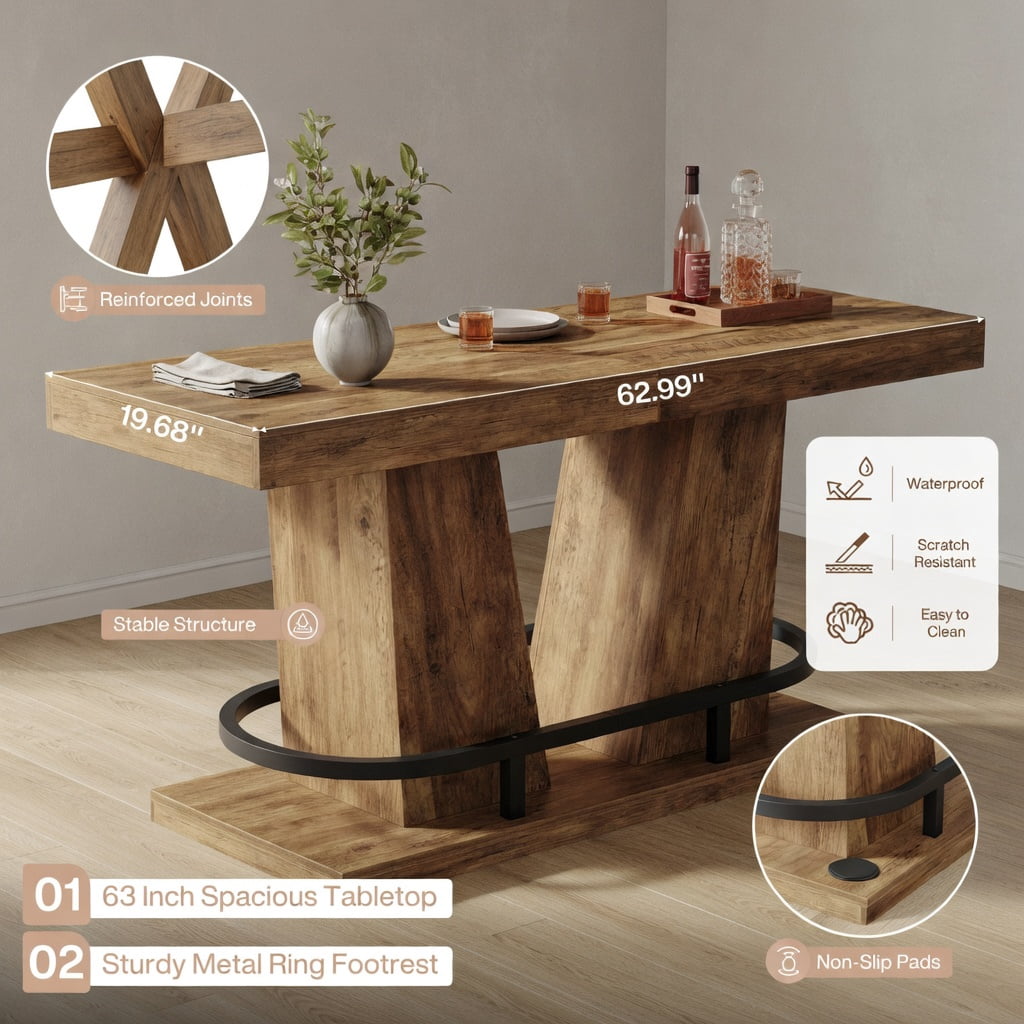 Hommoo 63-inch Rectangle Counter Height Bar Table for 4-6 People, Industrial Wood Grain & Metal Pub Table with Footrest, Sturdy Kitchen Island or Dining Table, Brown