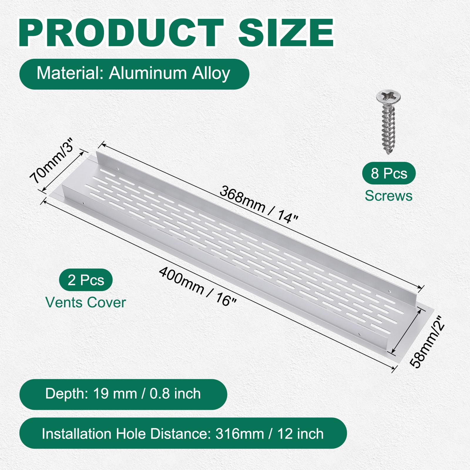 Uxcell 2Set Air Vent Cover, 16 x 3 Inch Heavy Duty Aluminum Grille Ventilation Cover with 8 Mounting Screws for Cabinet Wardrobe Kitchen Shoe Cabinet, Silver