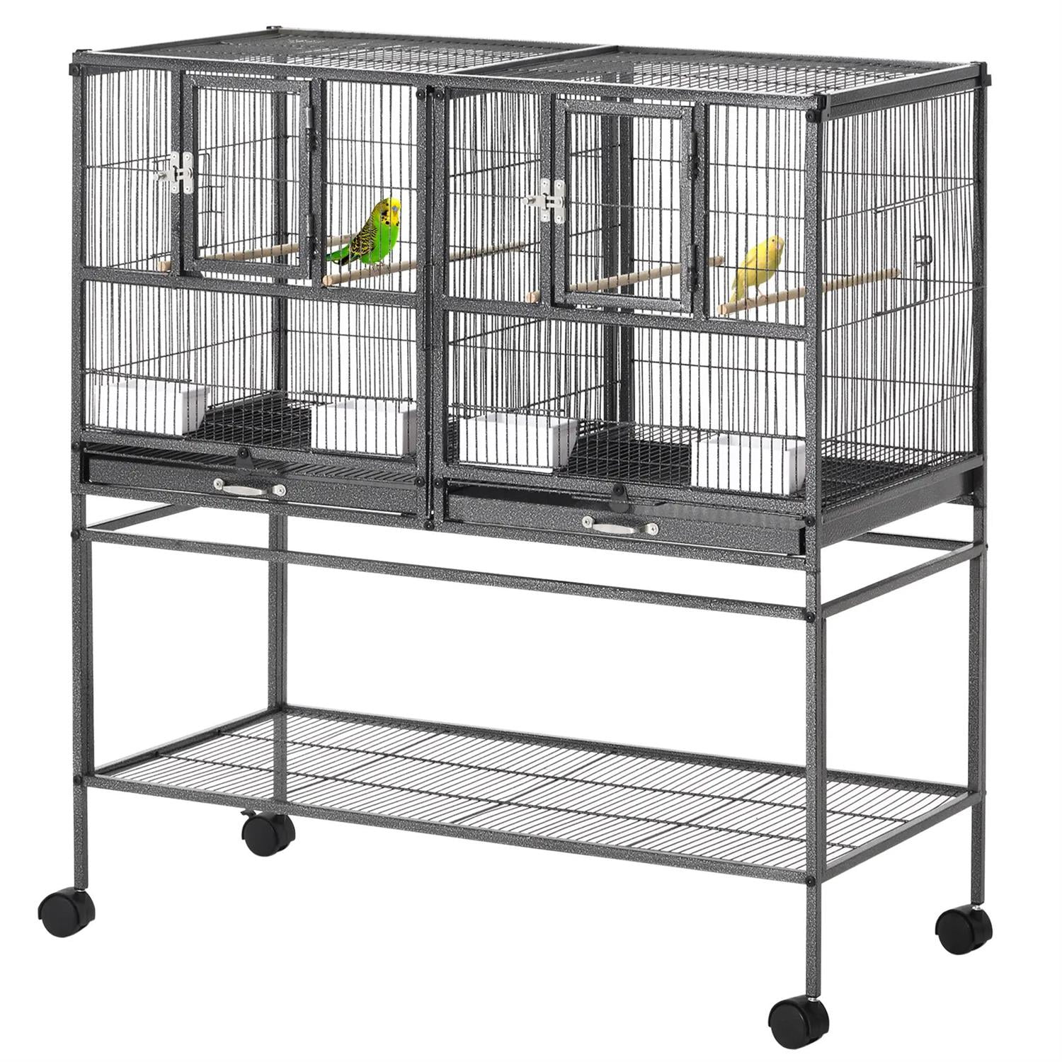 Pefilos Divided Breeder Bird Aviary, 40" Birdcage with Rolling Stand , Removable Bottom Tray and Wood Perch, Ideal for Finches, Parakeet, Black