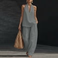 thumbnail image 2 of Evdexr Linen Sets for Women 2 Piece Sleeveless V Neck Tops Wide Leg Pants Outfit Set Boho Casual Vacation Beach Lounge Suits with Pockets Gray M, 2 of 8