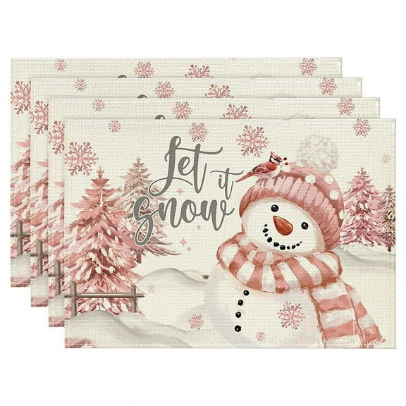 4PCS Xmas Trees Snow Pink Christmas Placemats Winter Table Mats for Kitchen Dining Decoration B