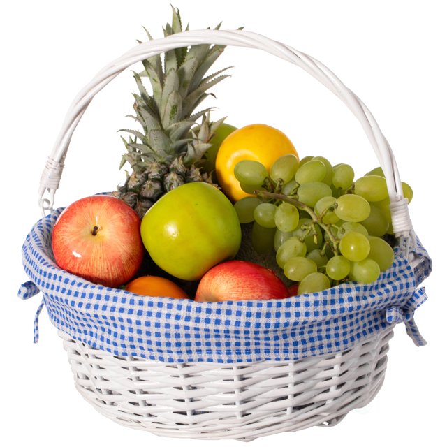 Panier-cadeau Traditionnel Rond en Osier Blanc avec Doublure en Vichy Bleu et Blanc et Poignées Pliables Robustes, Panier de Rangement pour Collations Alimentaires, Moyen