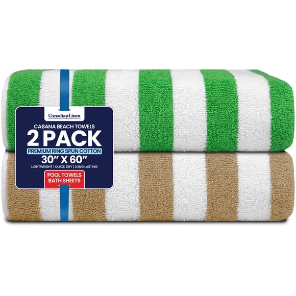 Canadian Linen Cabana Stripe Beach Towels Set, 2 Pack, 30"x60" Soft Absorbent Cotton Quick Dry Lightweight Soft Pool Towels for Hotels, Green & Beige