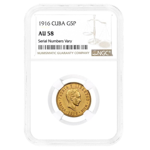 1916 5 Pesos Jose Marti Gold Coin NGC AU 58