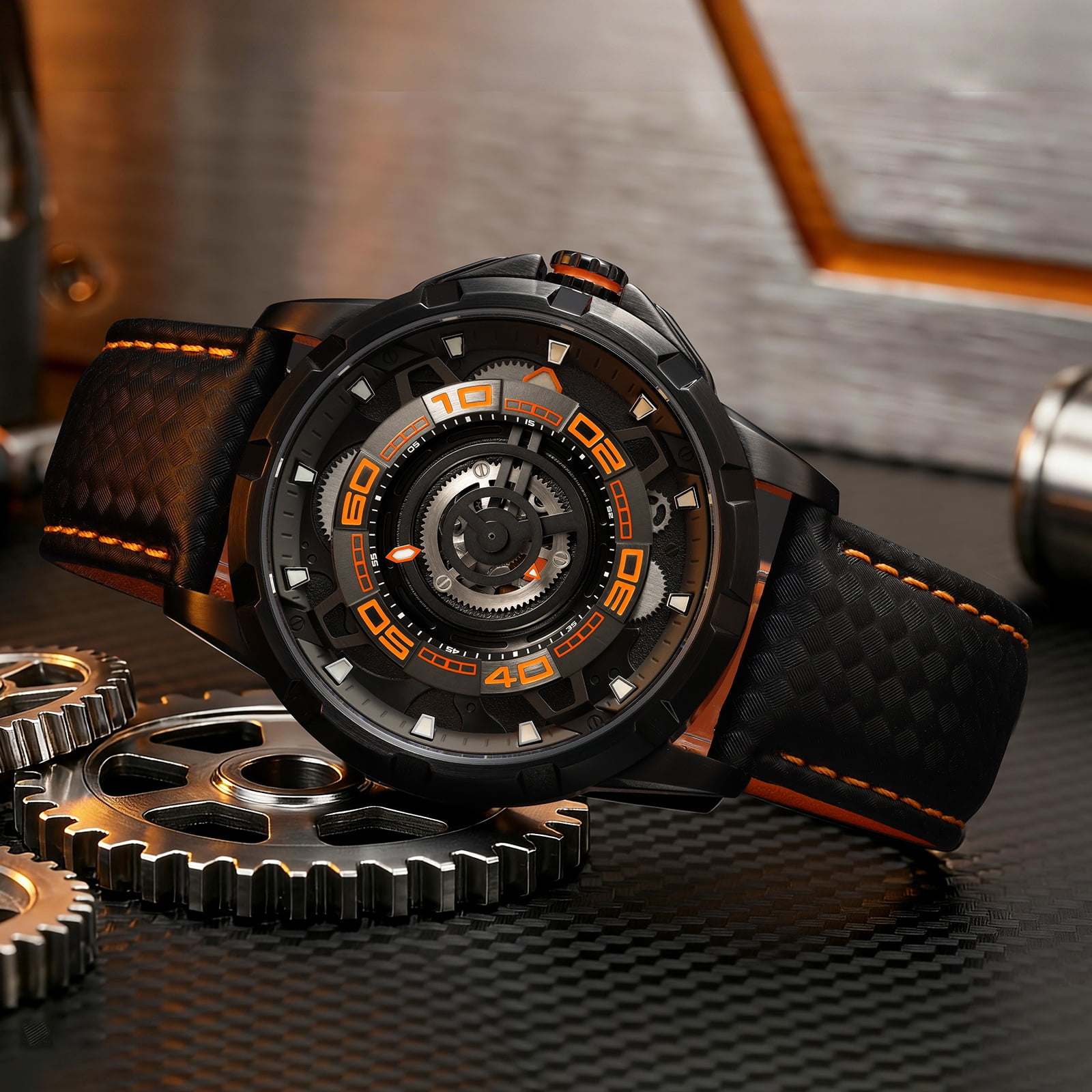 BERNY Mens Skeleton Automatic Watch, Luxury Fashion Self Winding Mechanical Watch with Leather Strap, Exhibition Caseback, Sapphire Crystal, Luminous 50M Waterproof Watches for Mens Gifts (Balck)