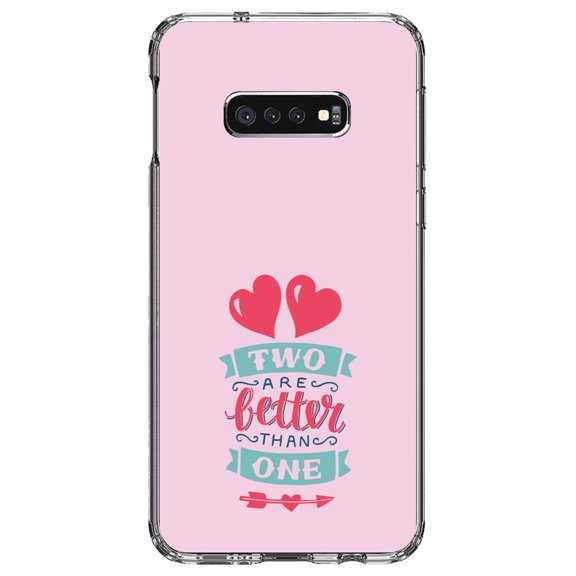 DistinctInk Clear Shockproof Hybrid Case for Samsung Galaxy S10e (5.8" Screen) - TPU Bumper, Acrylic Back, Tempered Glass Screen Protector - Hearts - Two Are Better Than One