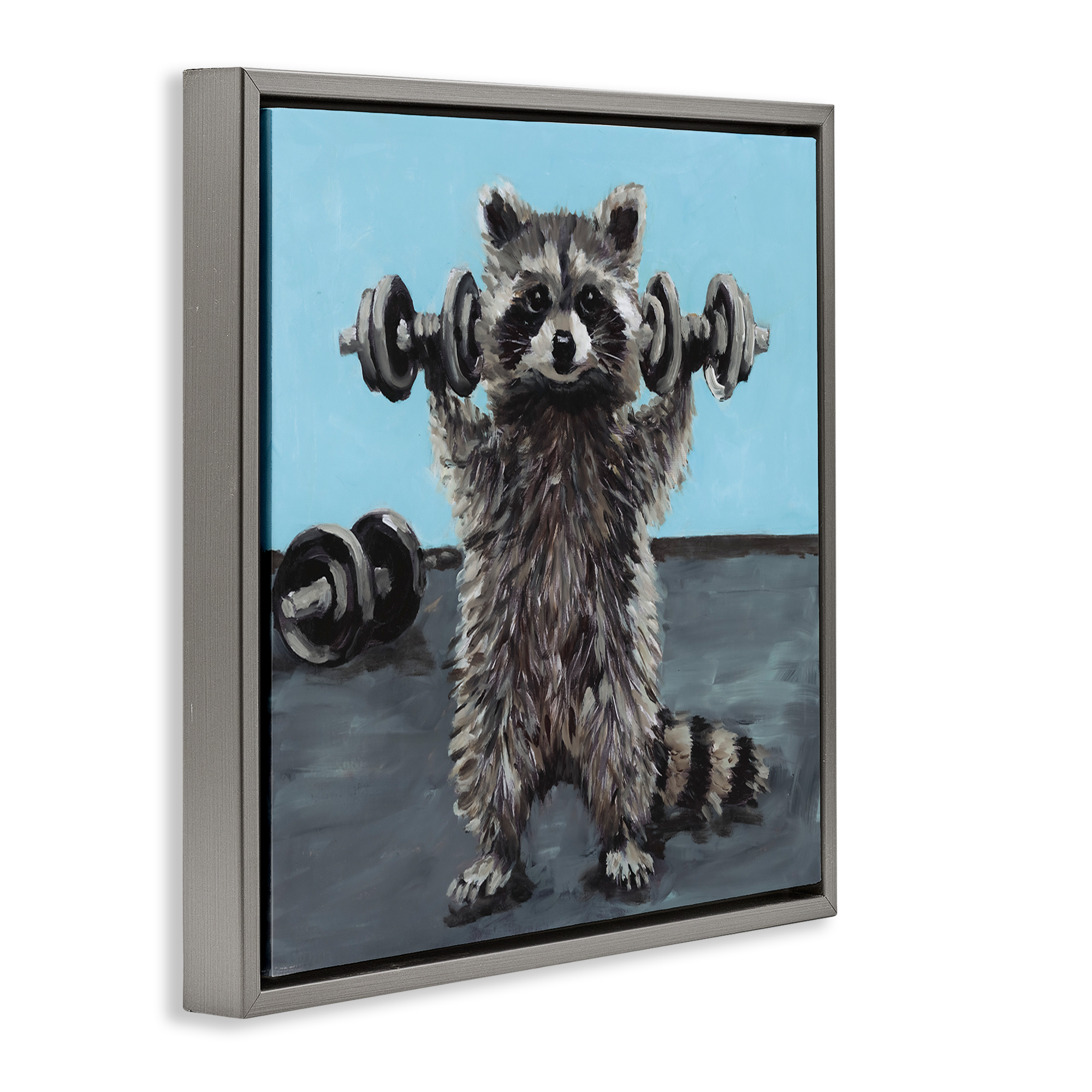 Fitness Raccoon with Weights Gray Framed Floater Canvas Wall Art, design by Studio Bautista