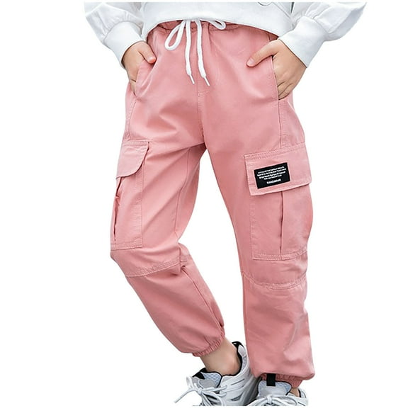 Cethrio Girls Cargo Pants Size 10-12, Casual Elastic Bottom Relaxed Fit Cotton Joggers with Pockets Pink