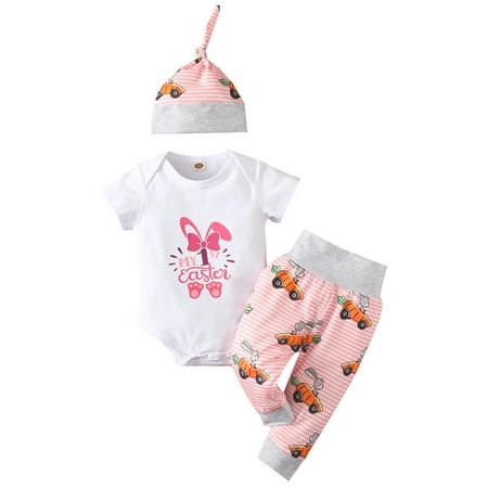 

Amuver Infant Easter Three-piece Layette Letters and Rabbit Print Short Sleeve Romper Trousers and Cap Blue/ Pink