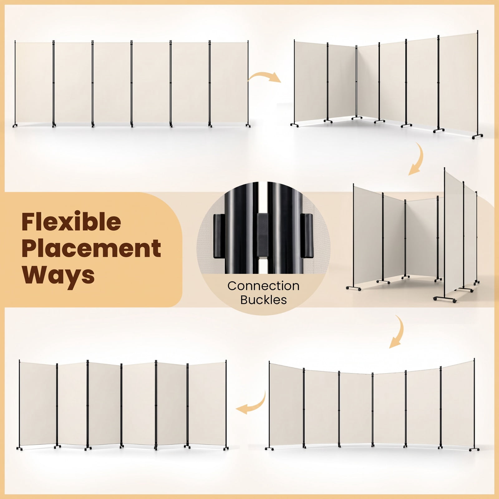 Vebreda 6-Panel Rolling Room Divider Folding Privacy Screen with Lockable Wheels, Freestanding Fabric Partition for Bedroom Office Studio, White