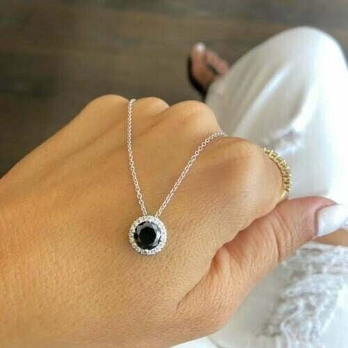 1.50Ct Round Cut Lab Created Black Diamond Women's Classic Halo Pendant 14K White Gold Plated Free Chain 18"
