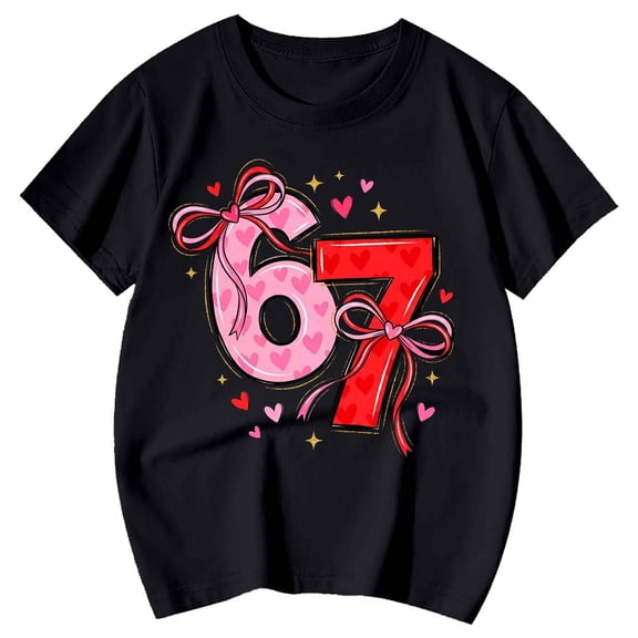 XAOFW Girl's T-Shirts Valentines Day 67 Heart Number Print Short Sleeve Crewneck Tee Shirt Streetwear Cartoon T Shirt Holiday Vacation Soft Breathable Top