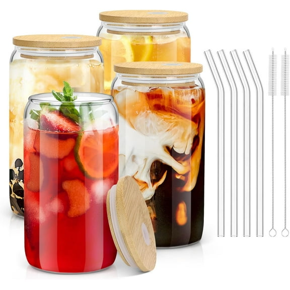 "16OZ Clear Glass Cups with Bamboo Lids and Straws, Wooden Lids, Home Essential Glass Tumblers for Ice Coffee, Beer, Cocktail, Tea and Latte