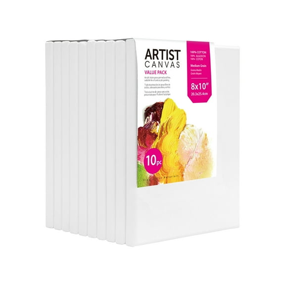 Studio Stretched Canvas, 8"X10", 10 Pack, 100% Cotton Acid Free, White, Academic Canvas, For All Skill Levels