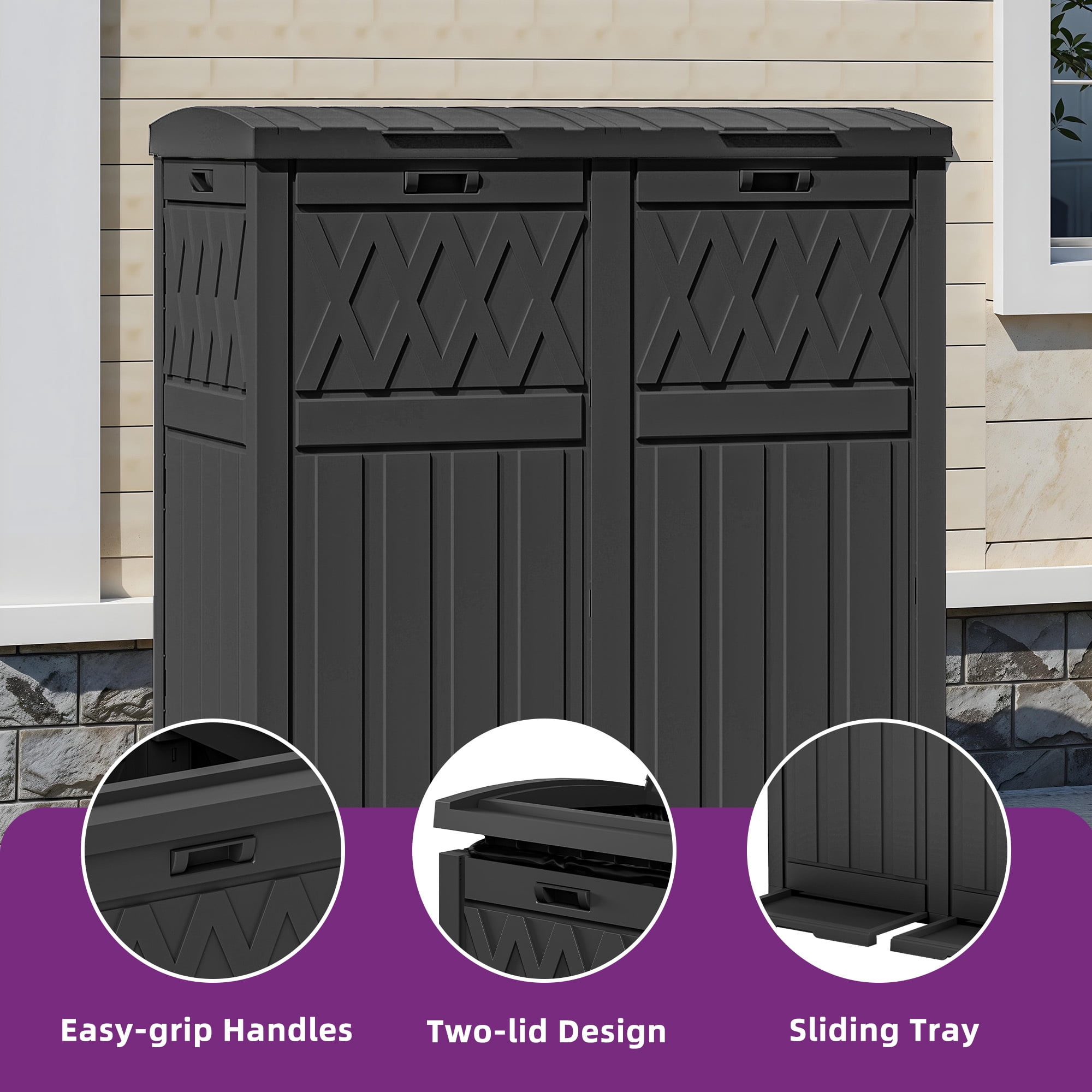 Uforic 62 Gallon Dual Compartment Outdoor Garbage Bin, Waterproof Resin Trash Can with Tiered Lid & Drip Tray for Patio Deck Backyard, Black
