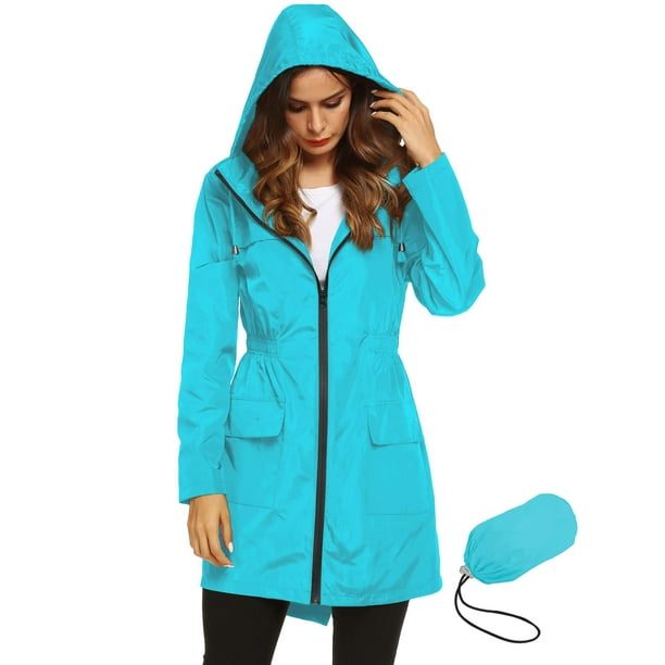LOMON Chaqueta impermeable ligera para mujer Chubasquero activo con capucha para exteriores y bolsillos Azul hielo M