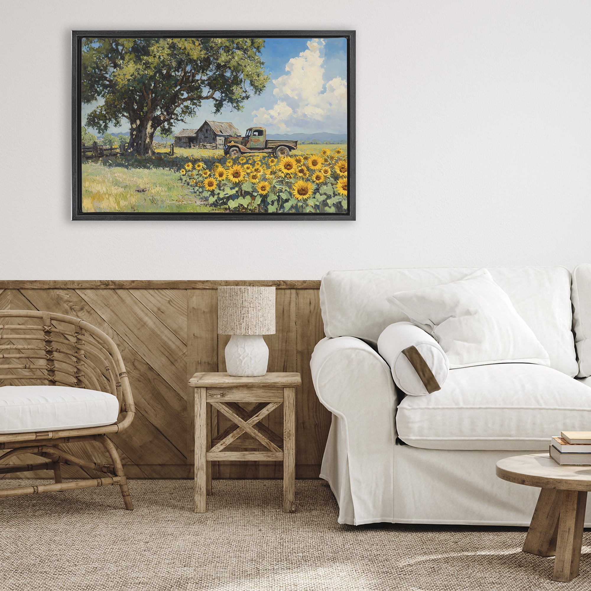 Stupell Industries Sunflower Pickup by Old Barn Black Framed Floater Canvas Wall Art, design by Franklyn Gregory