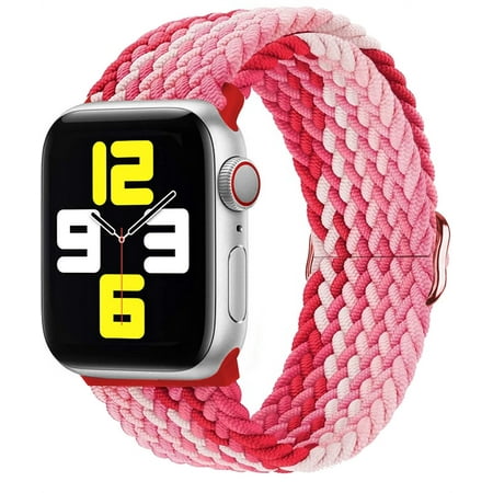 Braided Solo Loop for Apple Watch Band 44mm 40mm 45mm 41mm 38mm 42mm， Adjustable Elastic Nylon Bands for iWatch Series 3 4 5 se 6 7 strap - Strawberry red