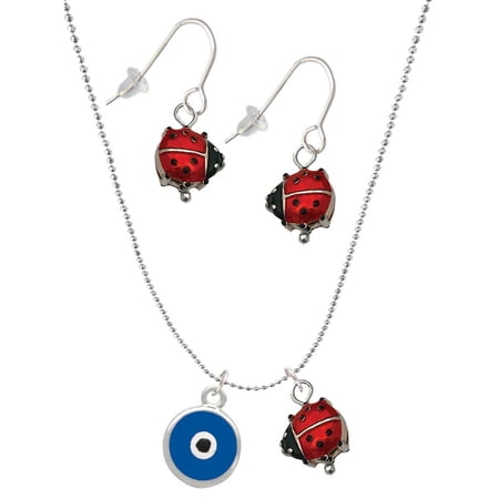 Delight Jewelry Silvertone Blue Evil Eye Good Luck Red Lucky Ladybug Necklace and Dangle Earrings Set