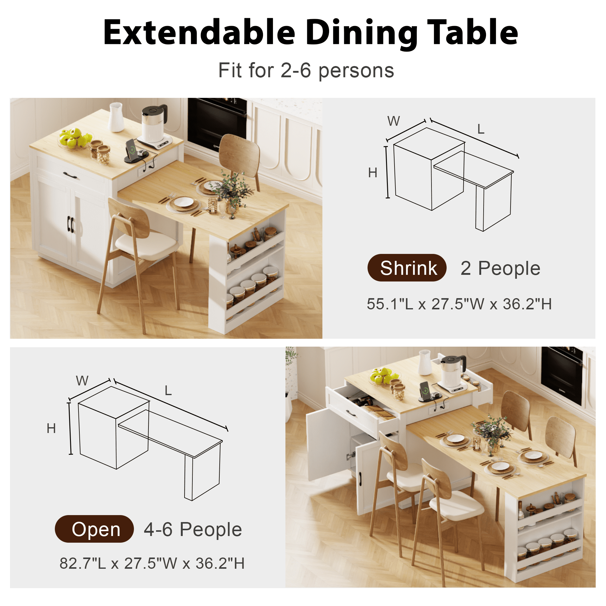EUROCO 82.7" Kitchen Island with Extendable Dining Table for 4-6 Person,Two-tone Kitchen Table with Double-sized Storage, Power Outlet,2 Drawers and 2 Side Open Shelves,White