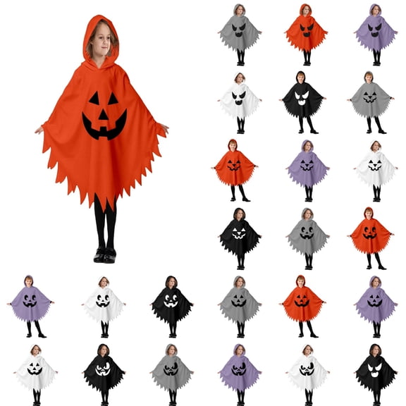 KHONTS Ghost Face Poncho for Toddler Kids Hooded Cloak Halloween Performance Clothes Spooky Capes 10-White XS