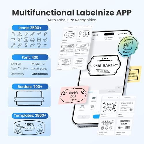 PM260 Label Maker Machine with Tape, 2 Inch Label Tape Maker Bluetooth Label Printer, Inkless Portable Label Maker with Smart AI APP for Home, Kitchen, School, Office Organization, Black