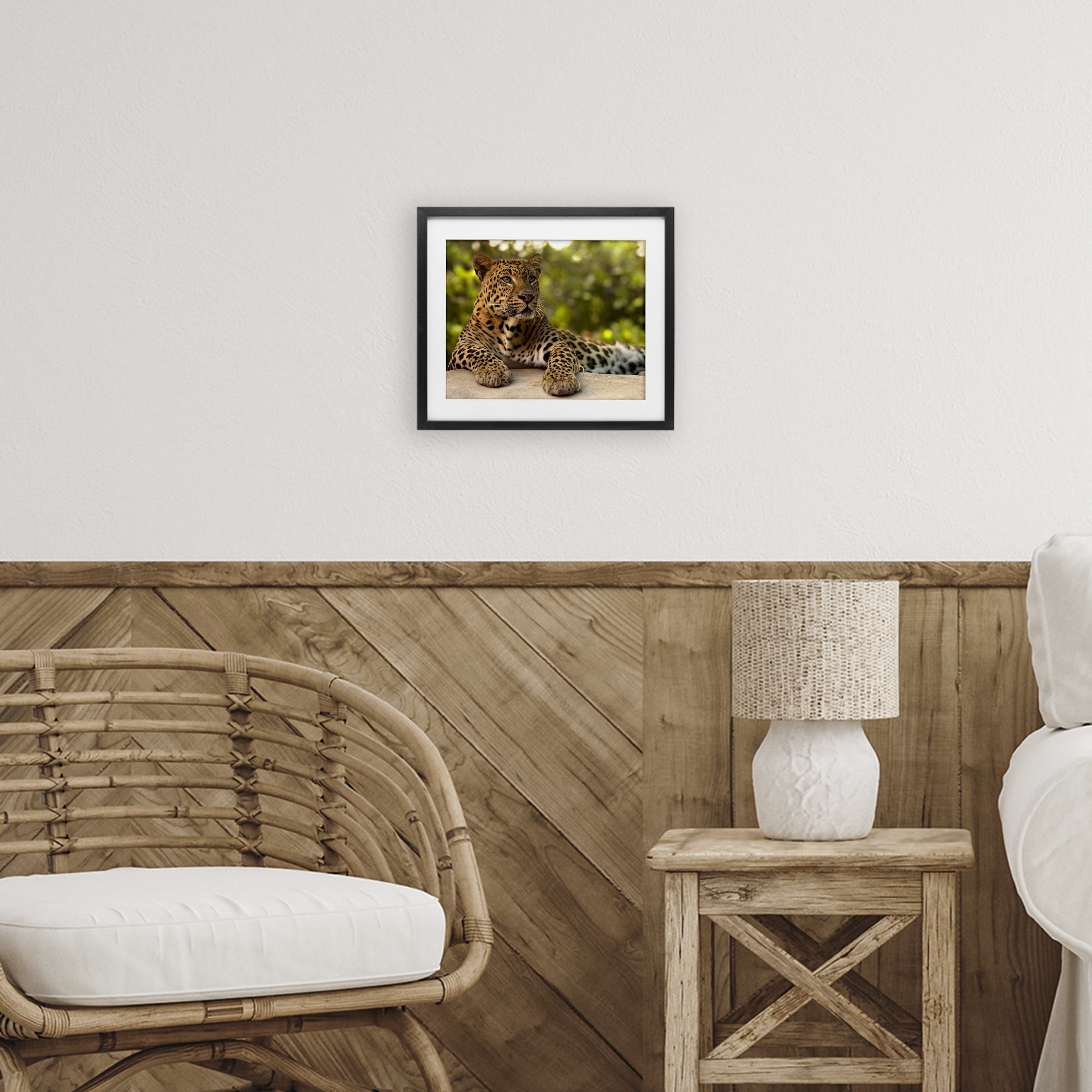 Leopard Gazing Relaxation Black Framed Print Under Glass, design by MJ Photography